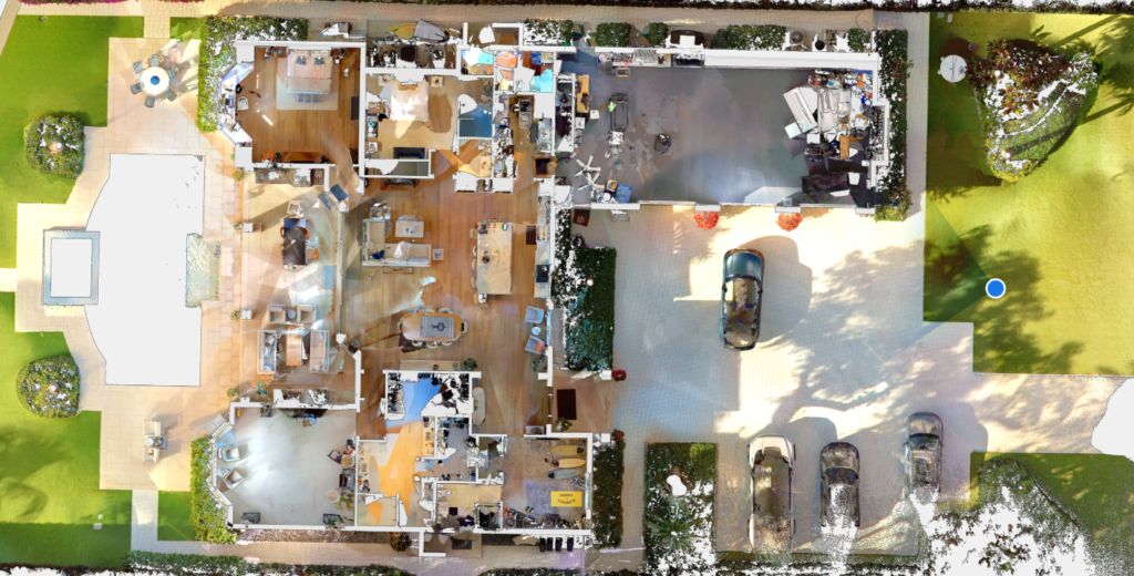 Overhead residential 3D laser Scanning in Boca Raton deliverable that shows interior rooms, a driveway, and surrounding landscaping.