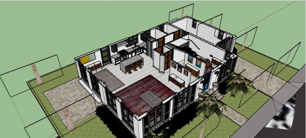 CAD drafting in Boca Raton deliverable presented as CAD workspace displaying a cutaway house model with interior rooms, walls, and furnishings.