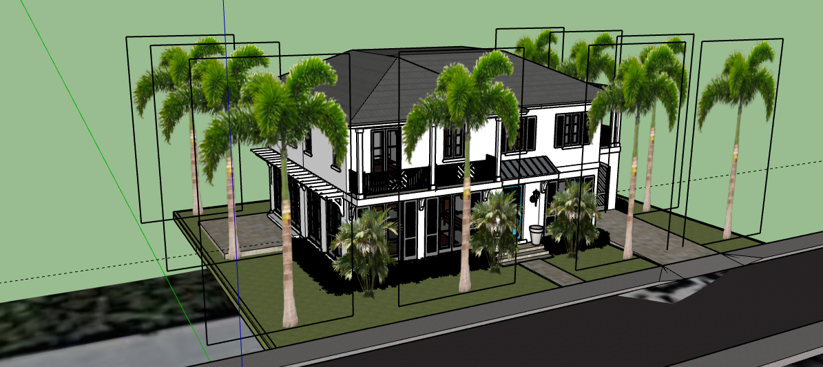 3D modeling in Boca Raton deliverable presented as exterior 3D model of a two-story house with balconies, a dark roof, and palm trees.