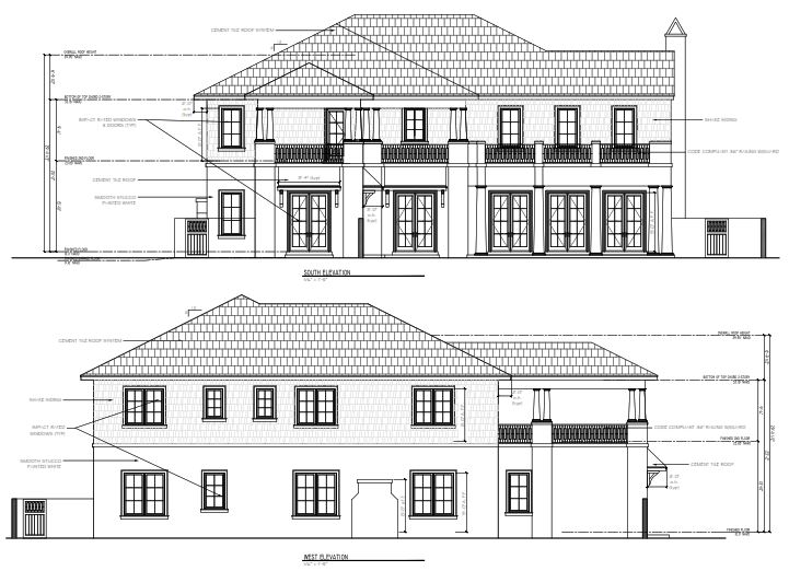 As-Built drawings in Boca Raton deliverable presented as two dimensioned elevation drawings of a two-story house showing rooflines, doors, and windows.