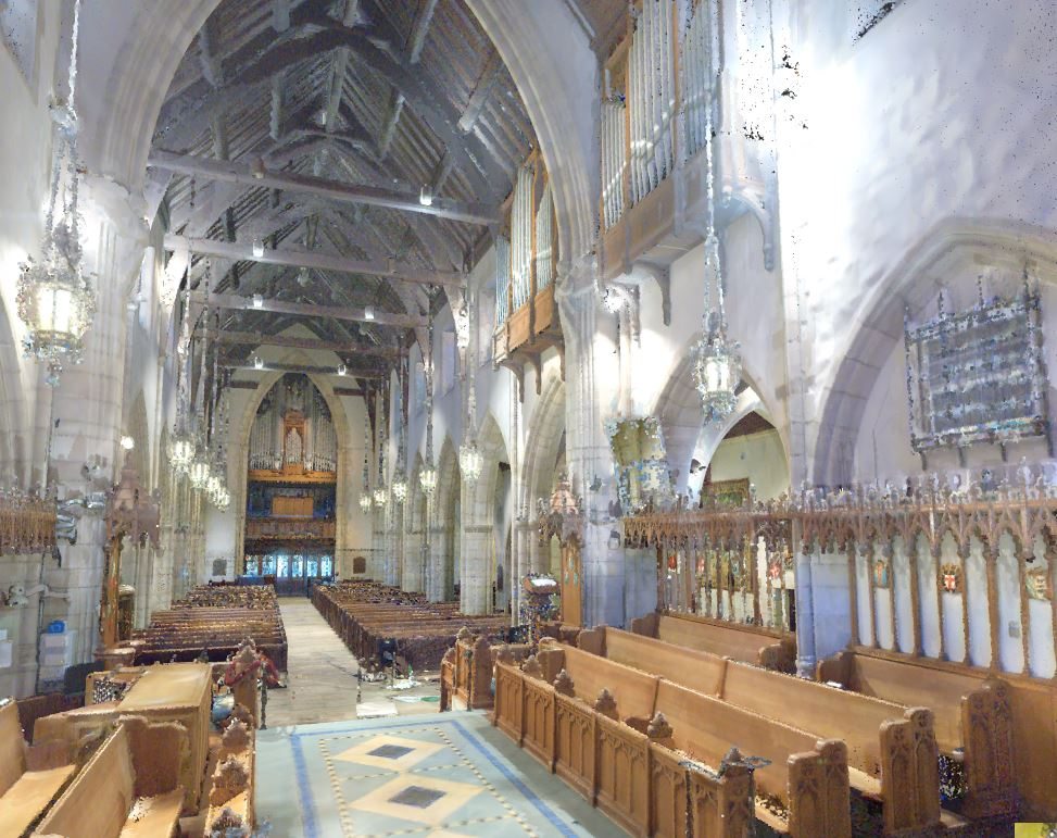 3D laser scan visualization of a church interior showing arches, ceiling beams and rows of wooden pews.