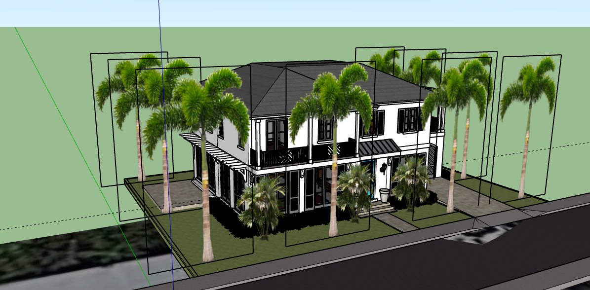 Three-dimensional digital model of a two-story home with a pitched roof, palm trees and landscaped surroundings.