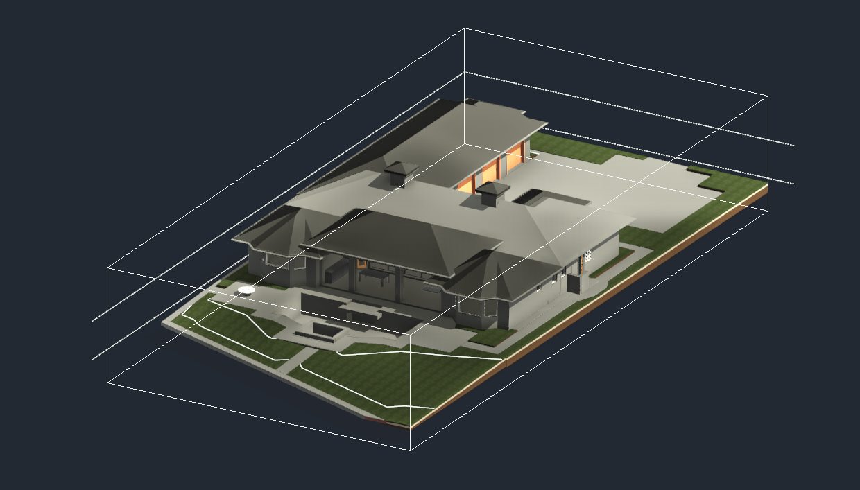 Axonometric 3D model of a single-story residence showing roof geometry, building exterior and surrounding site.
