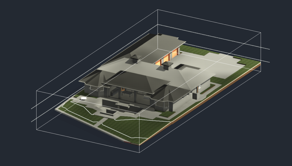 Scan-to-BIM in Boca Raton deliverable presented as axonometric residential building model with roof forms, site boundaries, and reference levels.