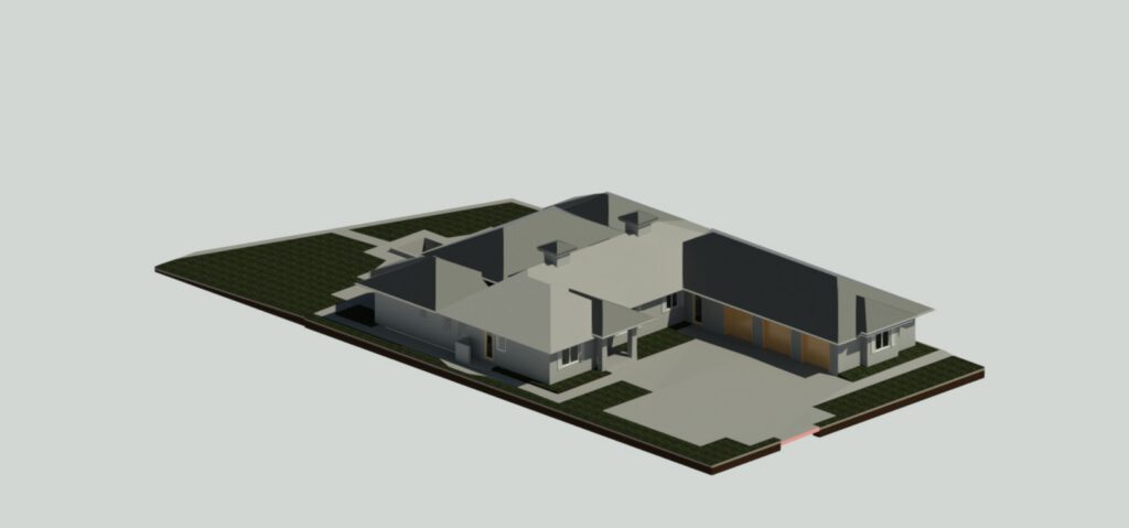 Revit Modeling in Boca Raton deliverable presented as an open-top residential 3D model showing interior partitions, room layouts, and surrounding site.