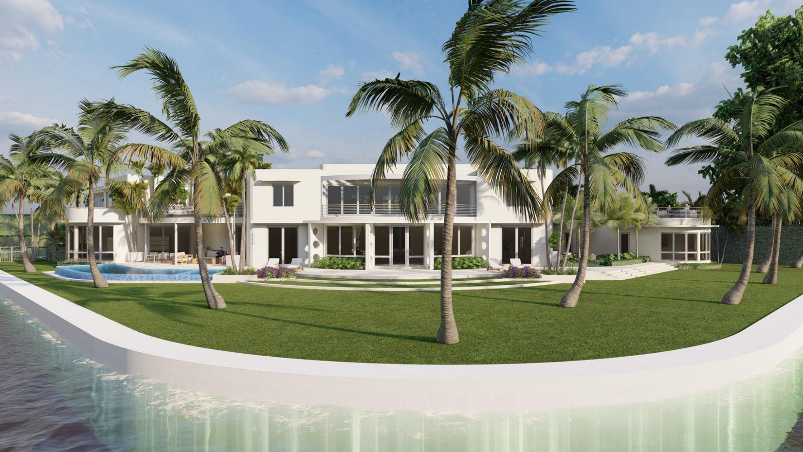 Architectural rendering of a modern white waterfront residence with palm trees, lawn and a curved shoreline.
